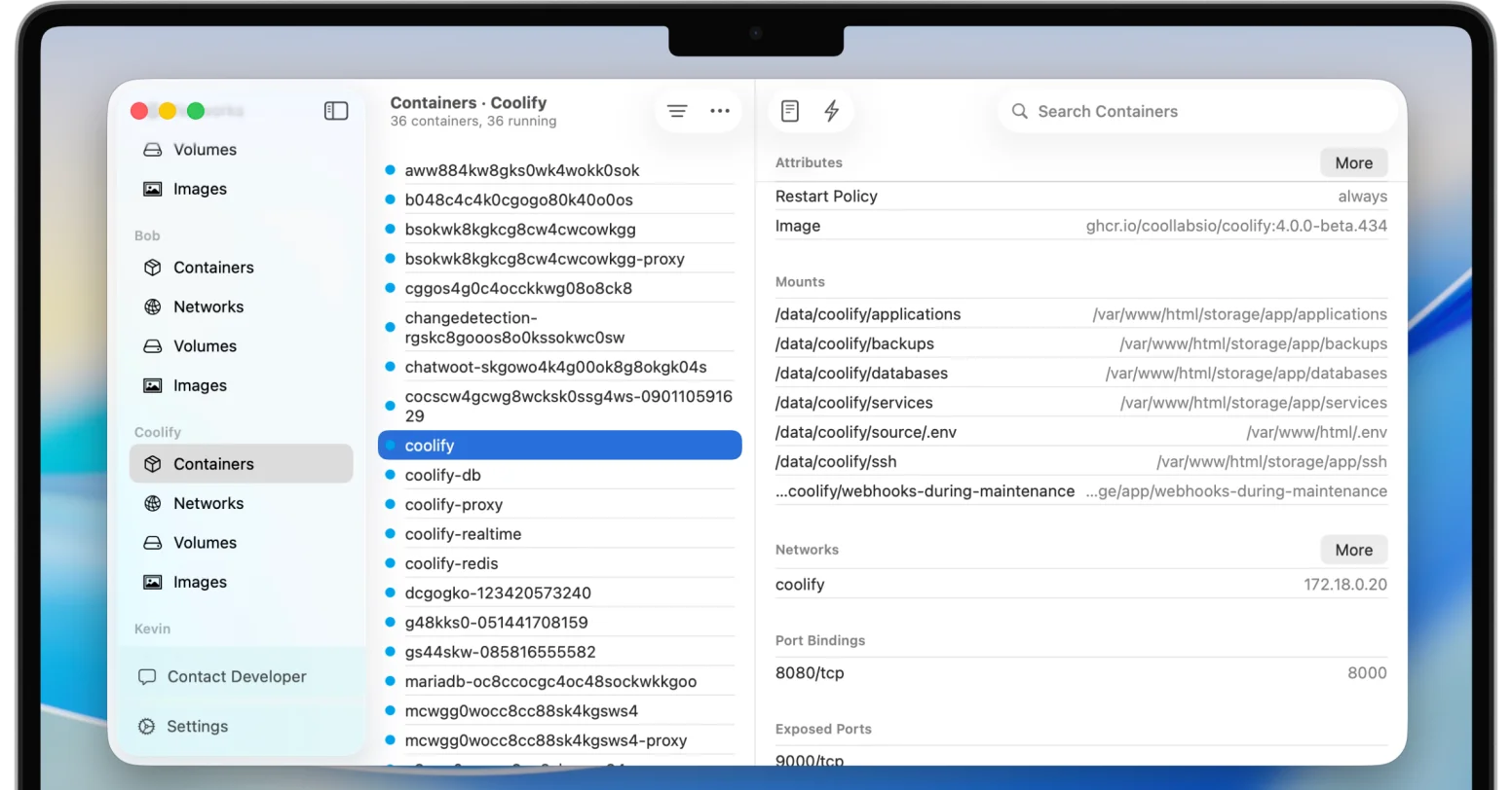 Detailed container inspection view showing port mappings, volume mounts, environment variables, and network settings