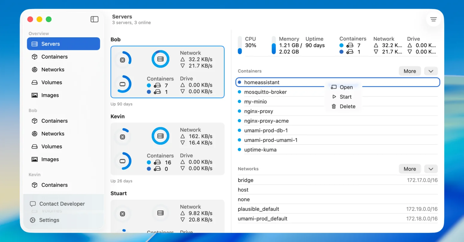 WhaleDeck main overview interface showing container status, resource usage, and server information