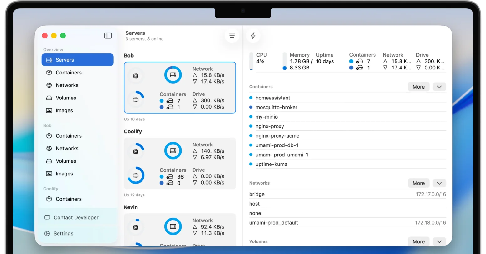 WhaleDeck main overview interface showing container status, resource usage, and server information