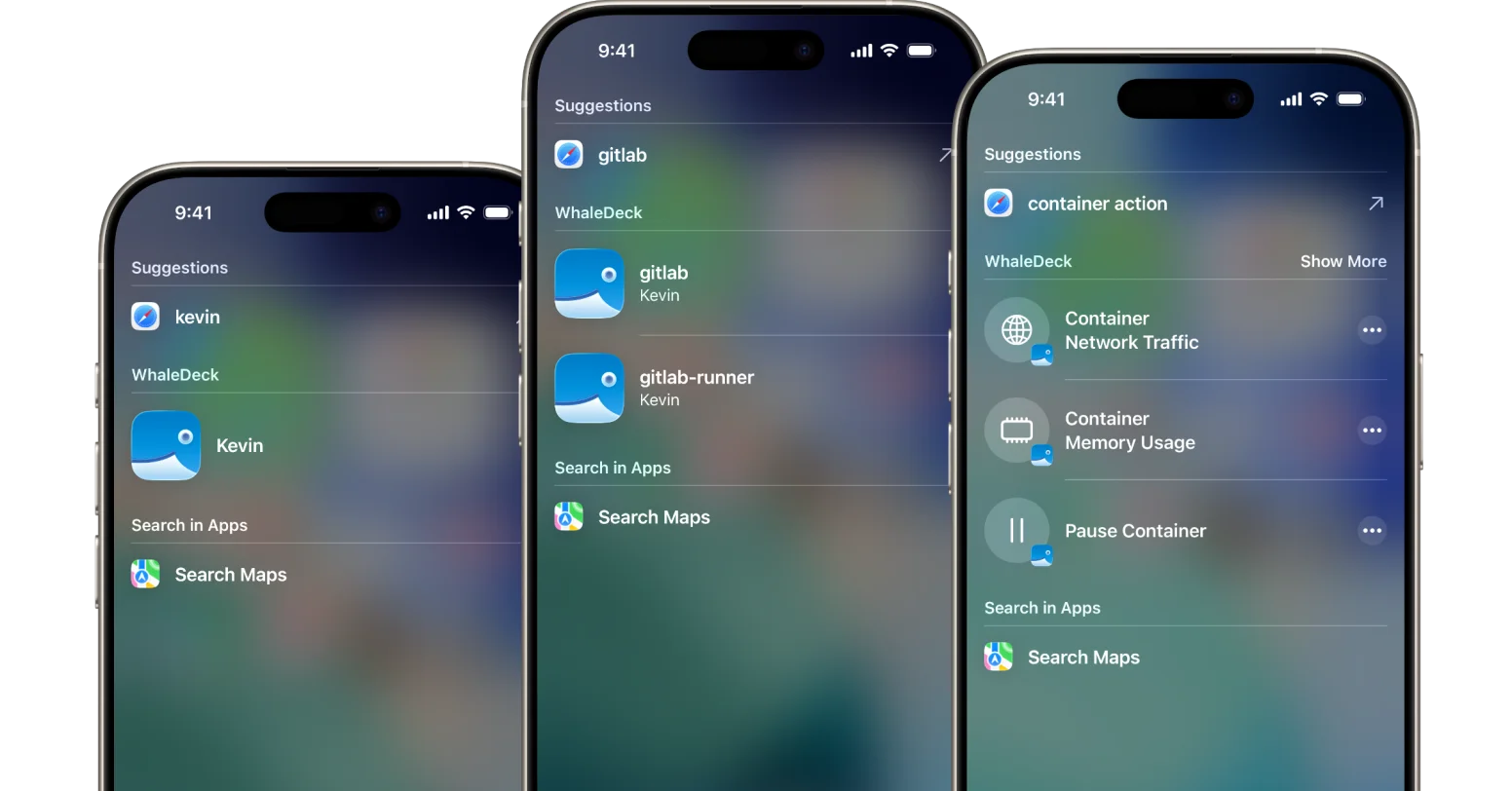 WhaleDeck Spotlight search integration showing containers and servers available for instant access