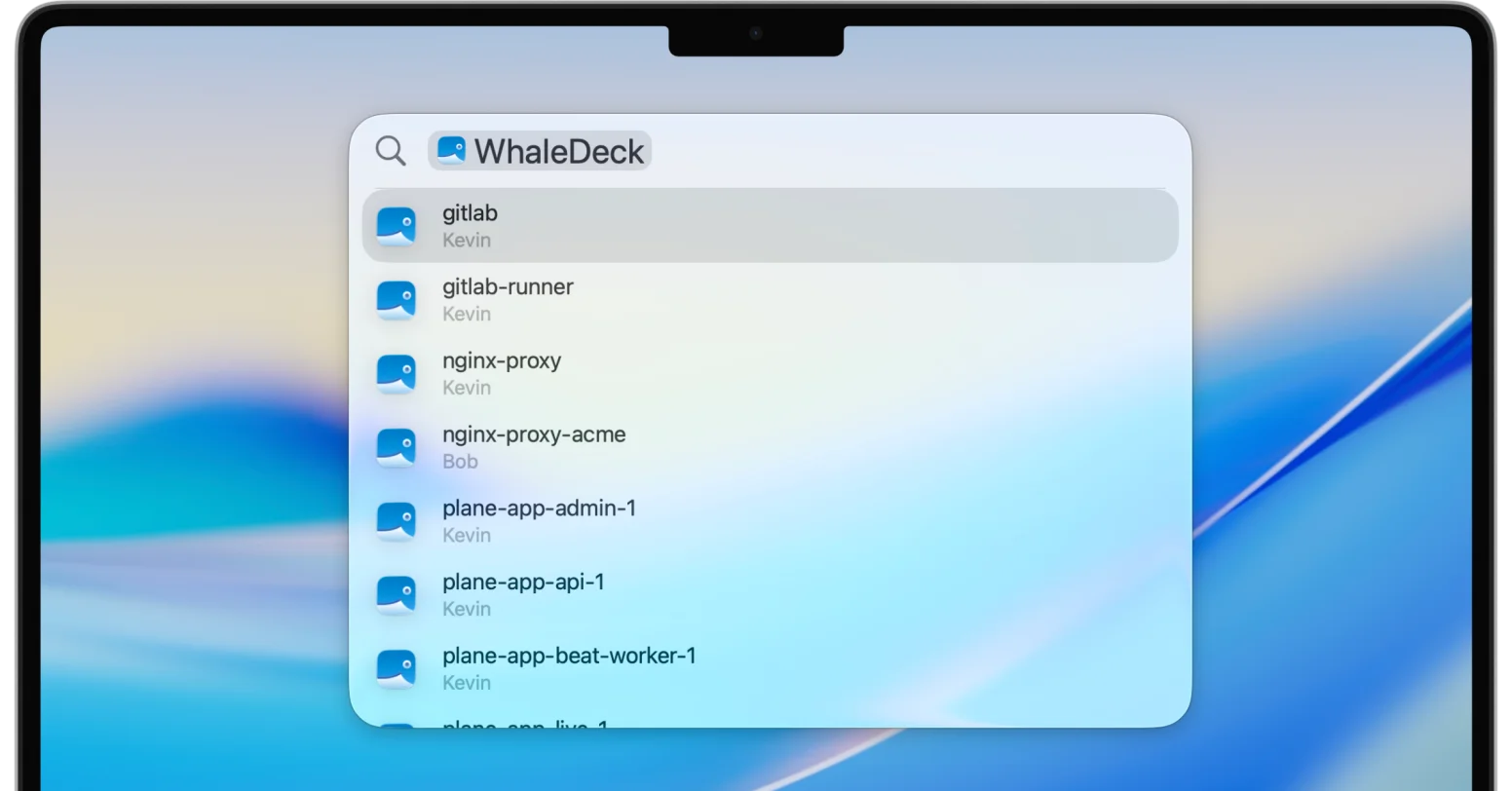 WhaleDeck Spotlight search integration showing containers and servers available for instant access