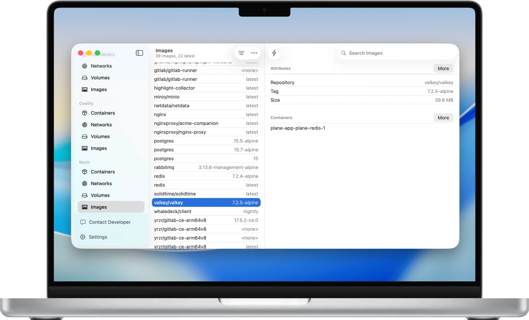 WhaleDeck images tab on Mac displaying Docker image information, tags, and dependencies