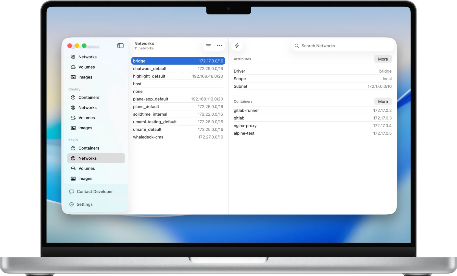 WhaleDeck networks tab on Mac displaying Docker network configurations and connected containers