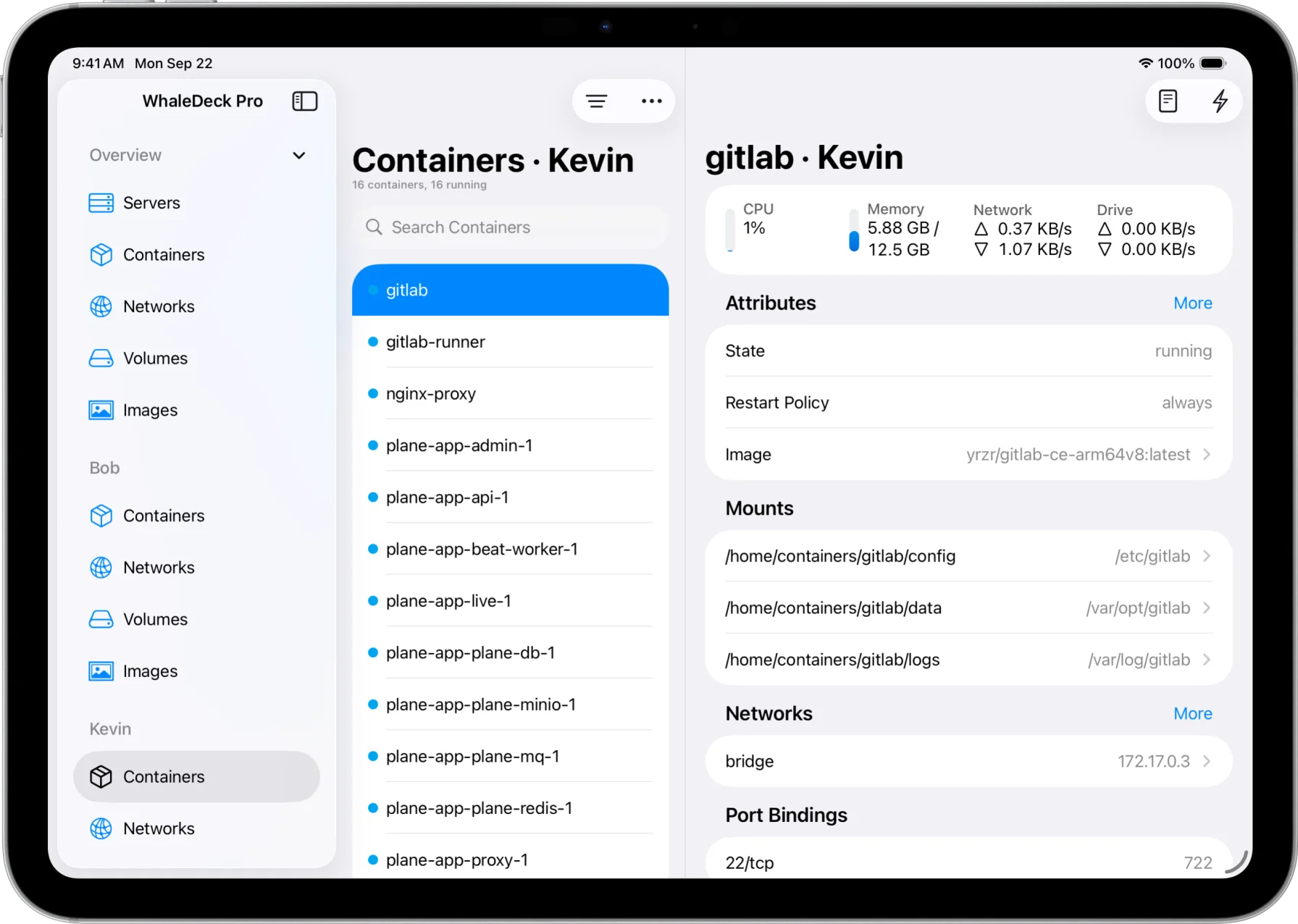 WhaleDeck containers tab showing running Docker containers with resource usage statistics