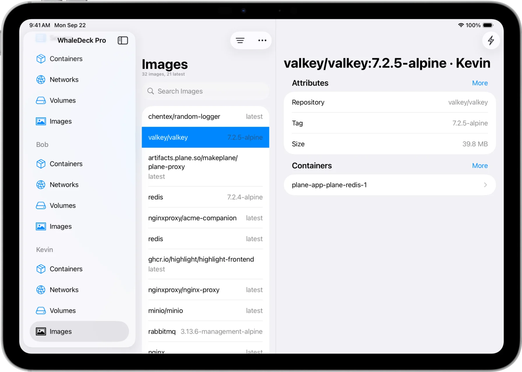 WhaleDeck images tab displaying Docker image information, tags, and dependencies