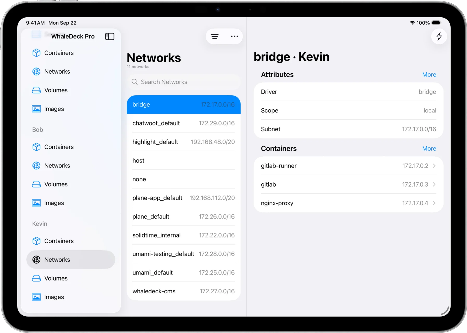 WhaleDeck networks tab displaying Docker network configurations and connected containers