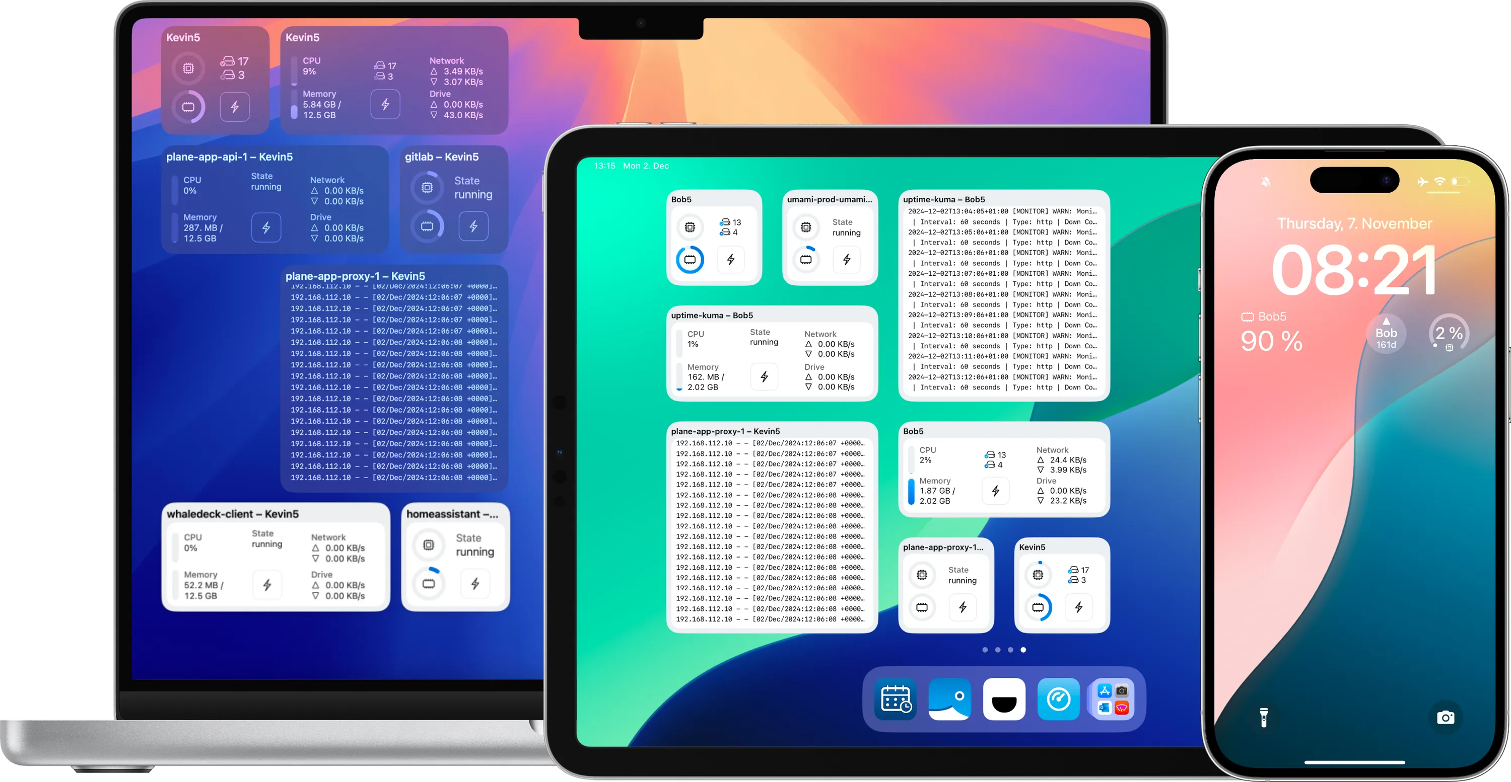 WhaleDeck widgets showing server status and container monitoring on iPhone Home and Lock Screens