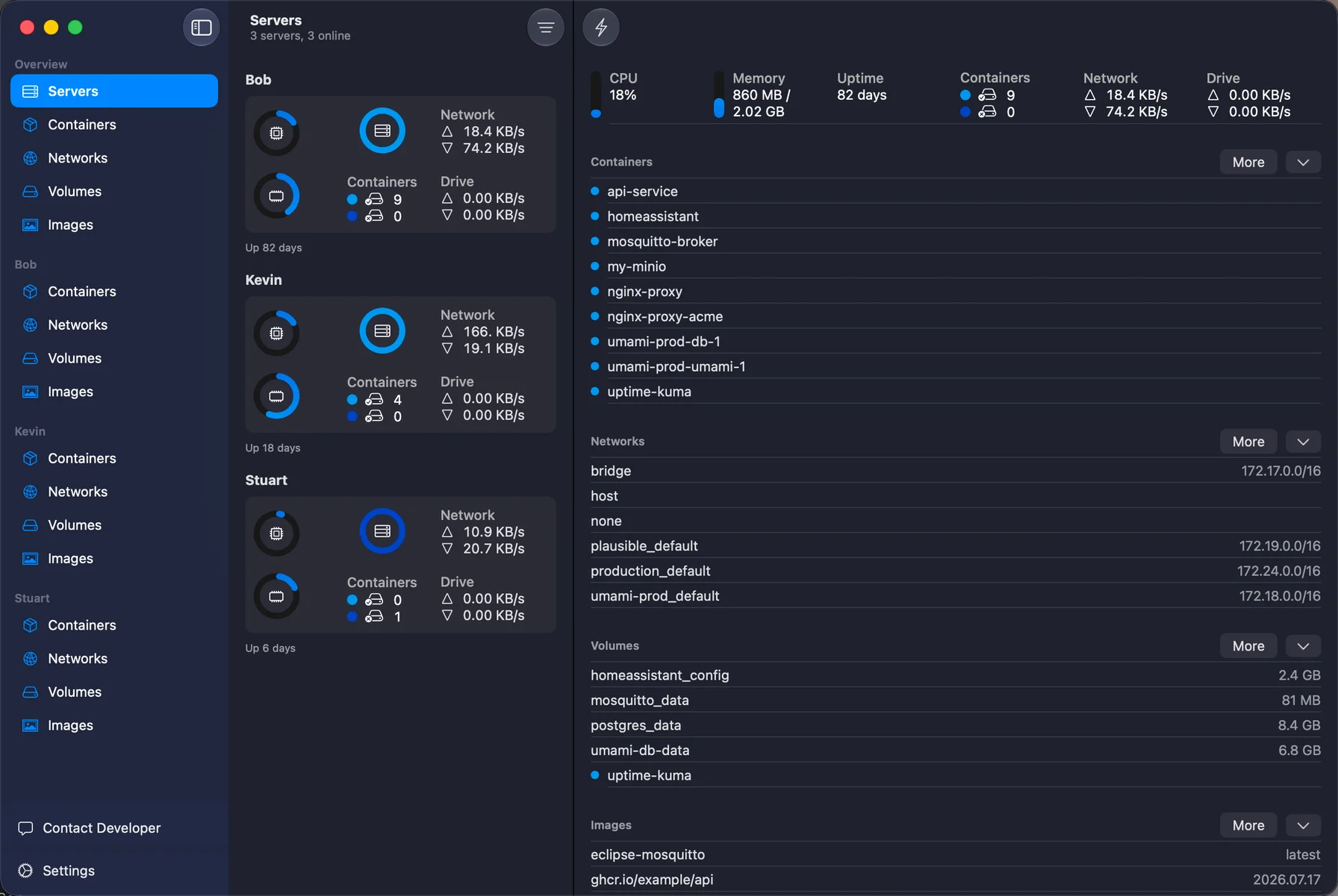 WhaleDeck for macOS displaying containers, server metrics, images, networks, and volumes