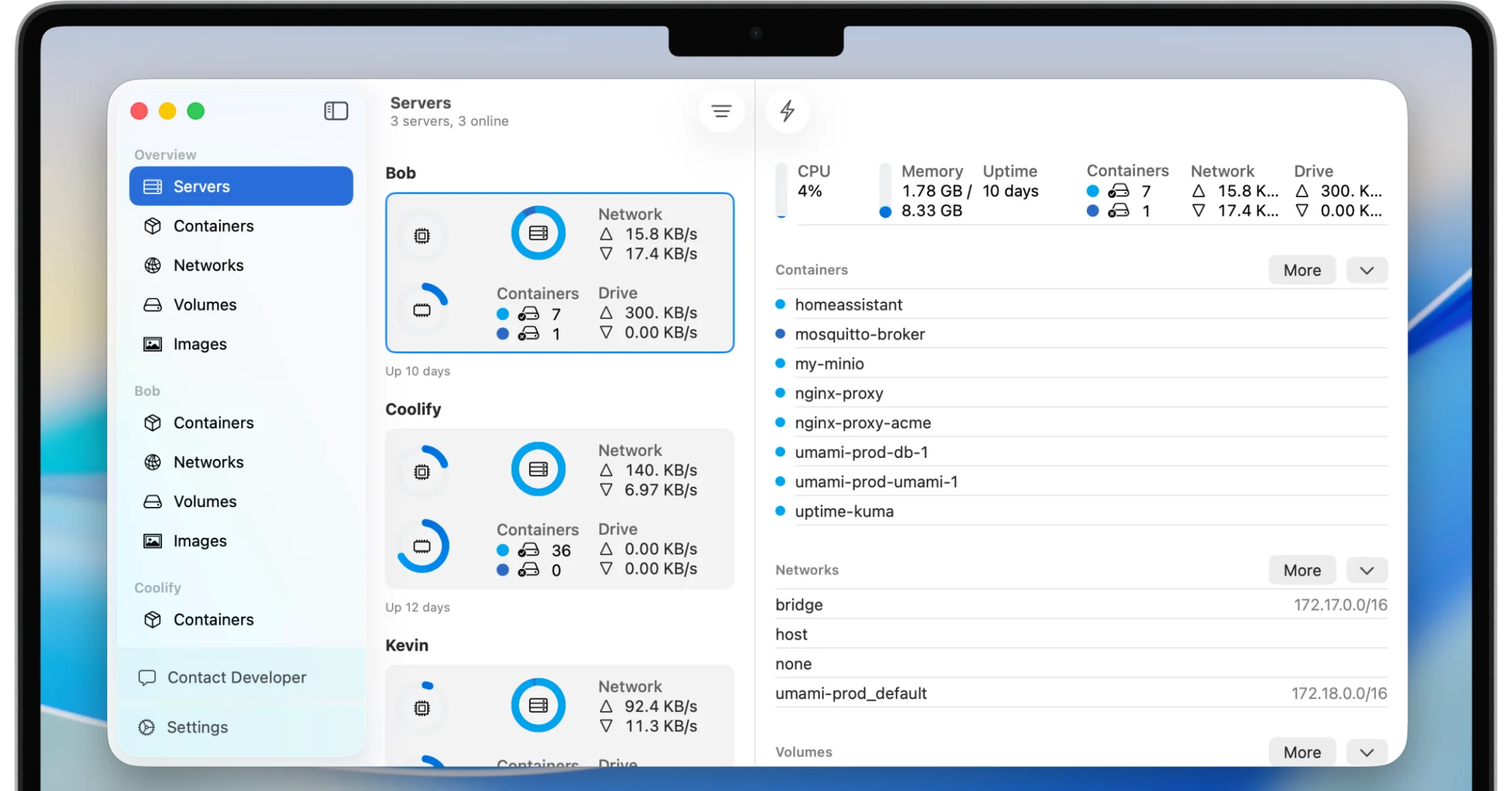 WhaleDeck Docker server dashboard on Mac showing host resources and container state