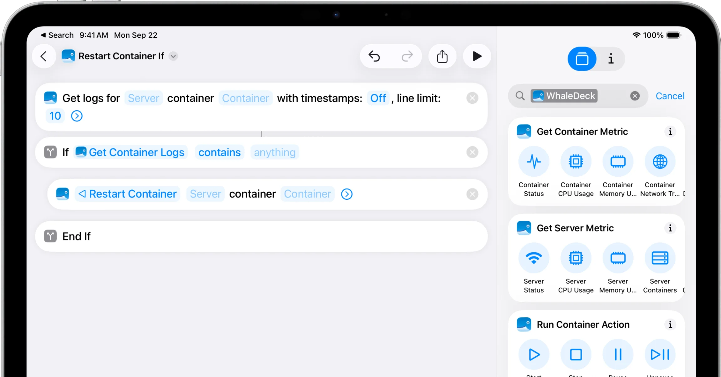 Apple Shortcuts workflow using WhaleDeck actions to check and restart a named Docker container