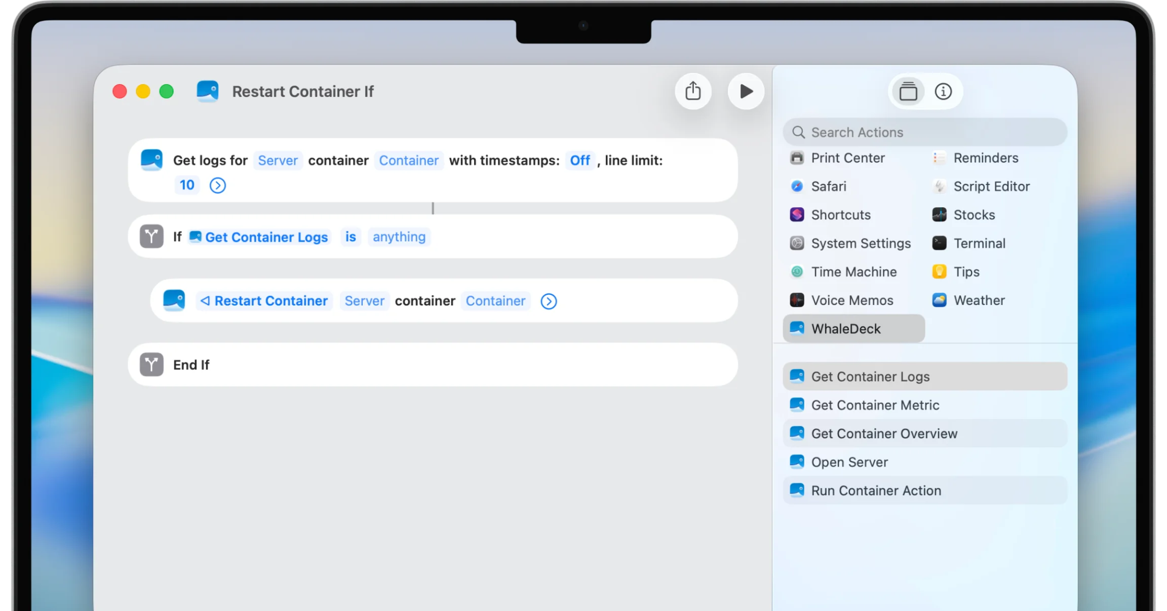 Apple Shortcuts workflow using WhaleDeck to check and restart a named Docker container safely