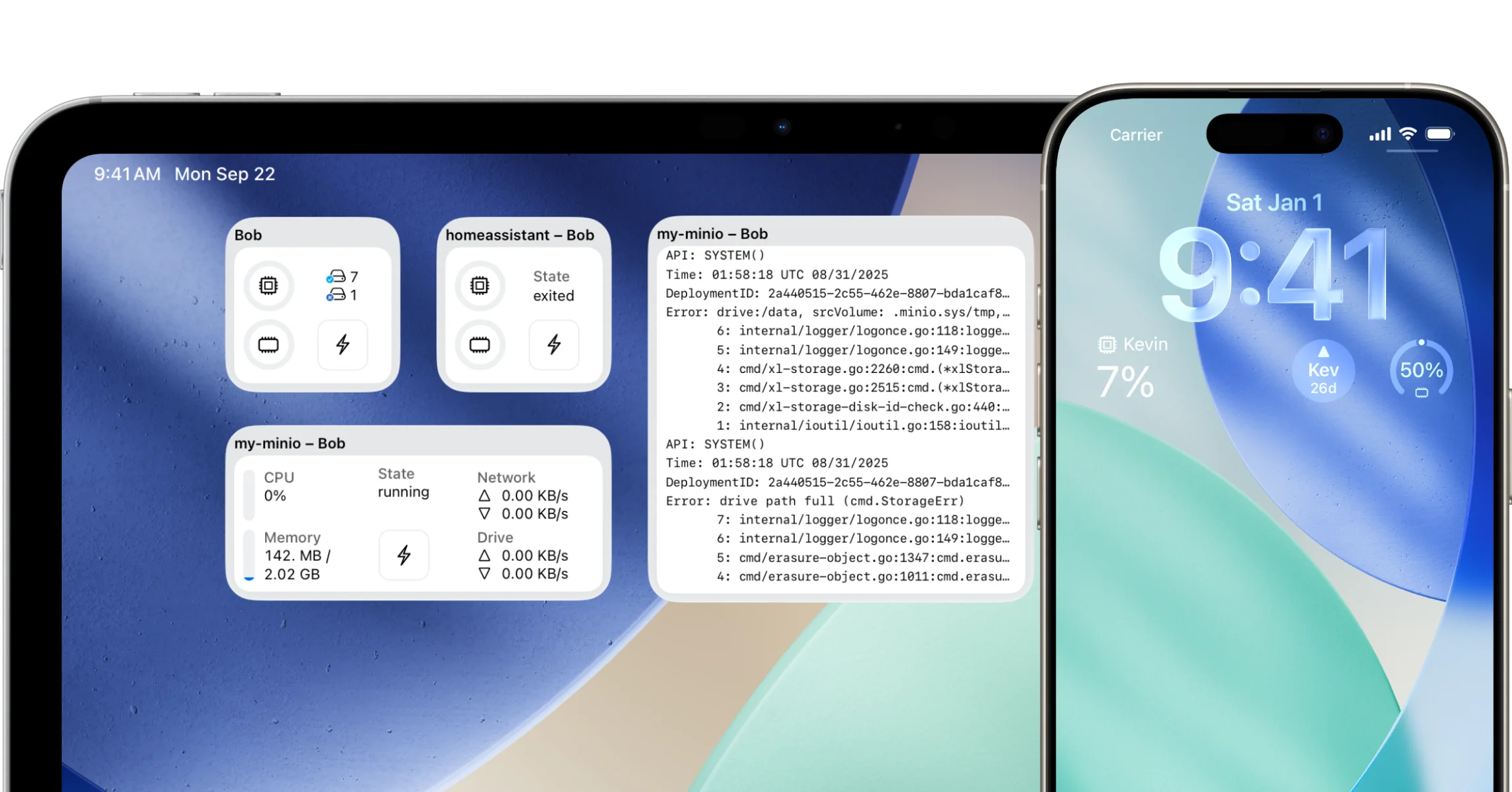 WhaleDeck widgets on iPhone and iPad showing Docker server and container status
