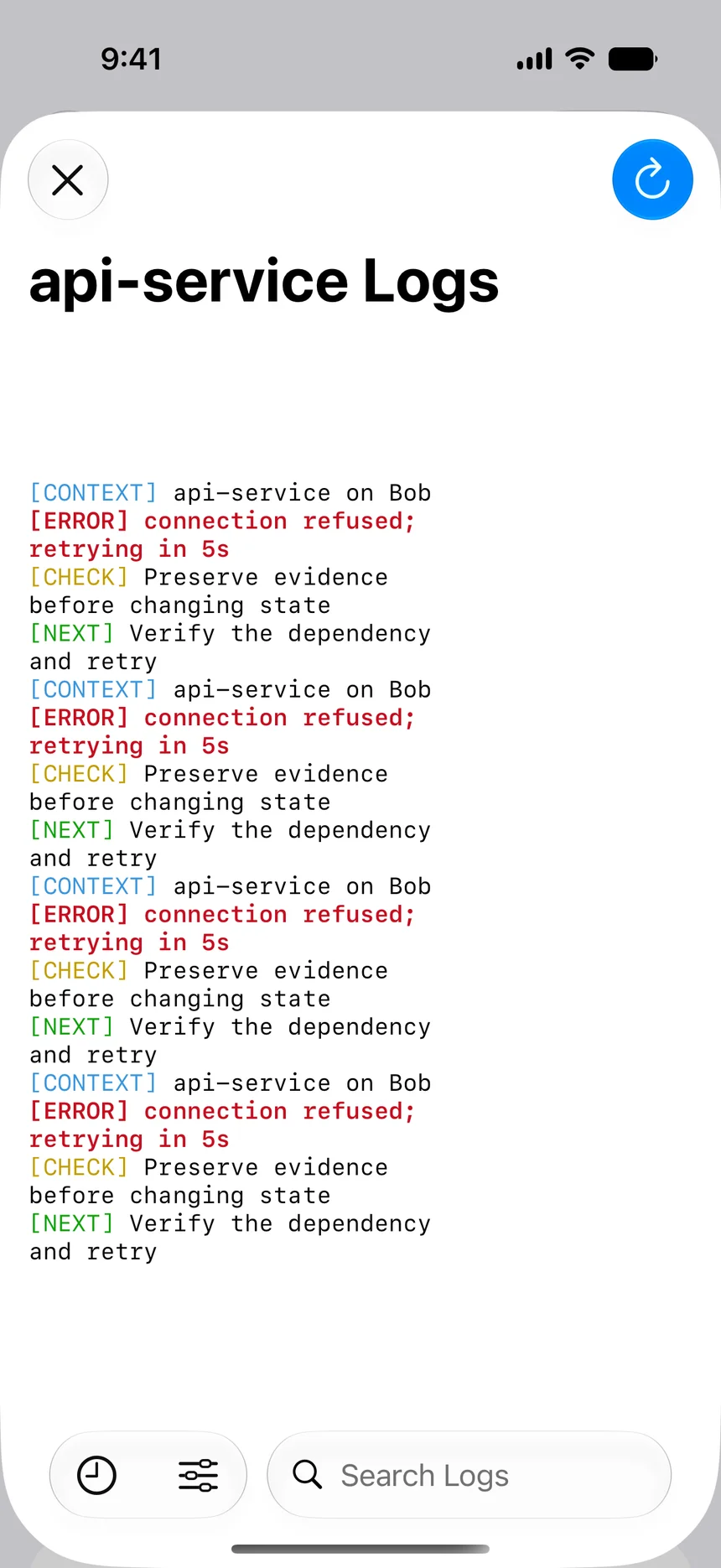 WhaleDeck container logs showing "connection refused; retrying in 5s"