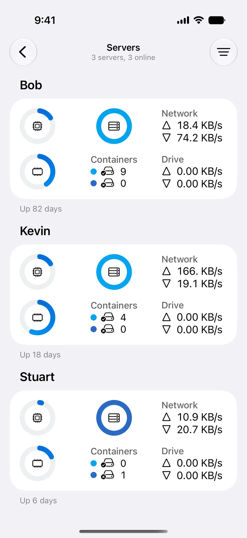 WhaleDeck sidebar organizing production, development, NAS, and home lab Docker servers