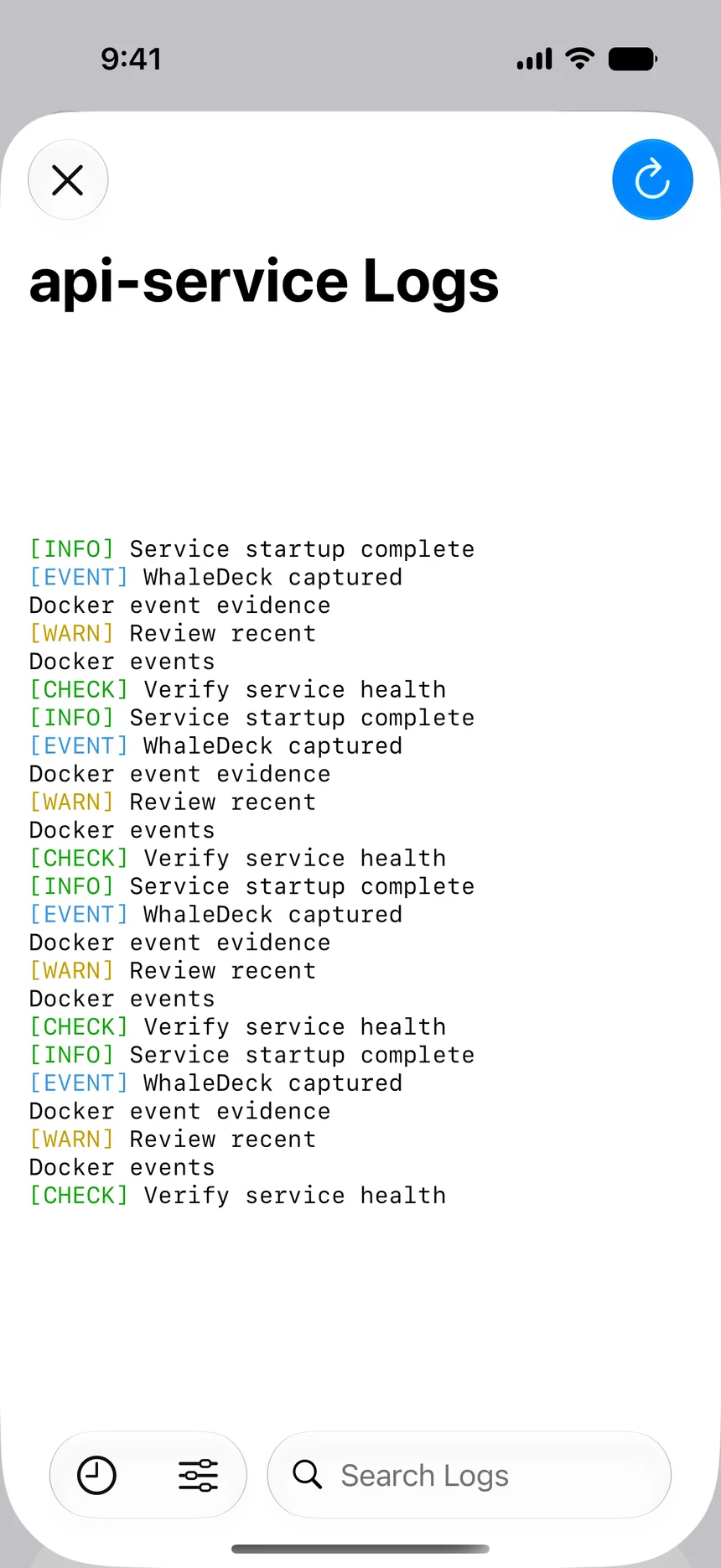 WhaleDeck log viewer on iPhone showing recent Docker container output